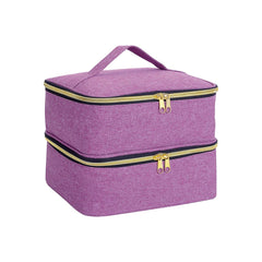 A purple, double-layered cosmetic organizer bag with gold zippers and a top handle.