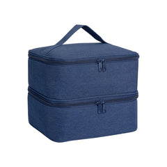 A blue, double-layered polyester cosmetic organizer bag with a top handle and zipper closures.