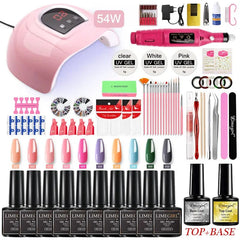 A professional nail art kit featuring a UV LED lamp, electric drill, gel polishes, and tools.