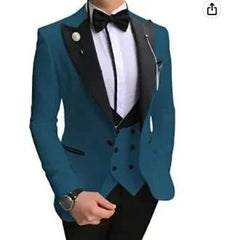 A teal three-piece slim-fit men's suit featuring a black shawl lapel, vest, and bow tie.