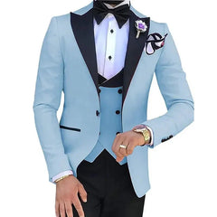 A light blue three-piece slim-fit suit with a black lapel, vest, bow tie, and trousers.