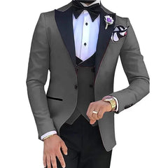 A slim-fit grey three-piece suit with a black lapel, vest, and bow tie for formal occasions.