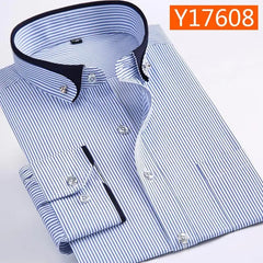 A long-sleeve dress shirt with blue vertical stripes and a contrasting dark collar and cuffs.