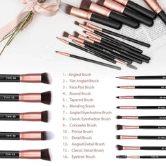 A set of fourteen makeup brushes with black handles and rose gold ferrules.