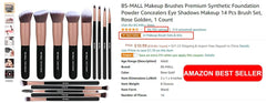 A set of fourteen synthetic makeup brushes with rose gold ferrules and black handles.