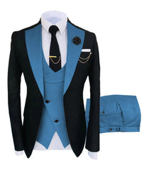A three-piece men's tuxedo set featuring a black jacket with blue lapels, a blue vest, and trousers.