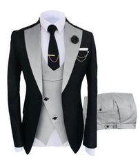 A three-piece men's tuxedo set featuring a black jacket with grey lapels, a grey vest, and pants.