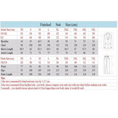 A size chart table for a men's suit showing measurements for jackets and trousers in centimeters.