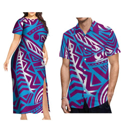 A couple wearing matching outfits with a blue and purple Polynesian-inspired geometric print.
