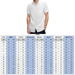 A man wears a plain white short-sleeved button-down shirt shown above a detailed sizing chart.