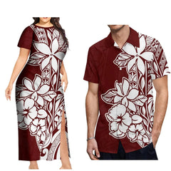 A matching couple set featuring a maroon and white Polynesian floral print.