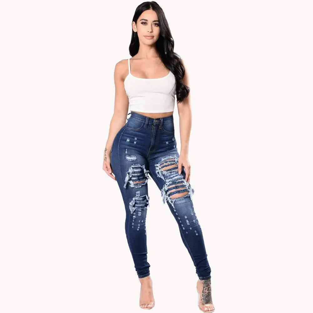 New Designer Denim Women 2022 High Waist Ripped Jeans for Women Skinny Black White Jeans Woman Elastic Slim Jean Female Femme - SHOWLU FASHION STORE