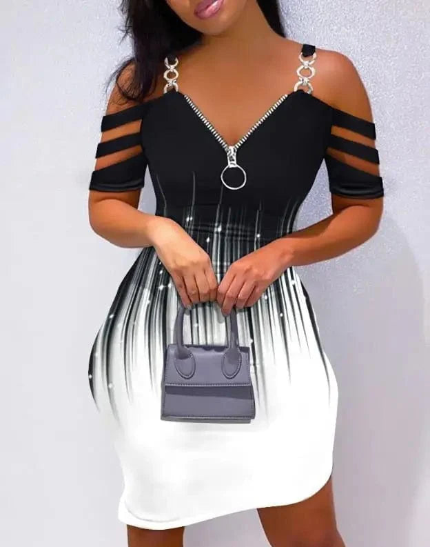 New Fashion 2023 Summer Casual Sexy Colorblock Cold Shoulder Bodycon Skinny Mini Dress Elegant Dresses for Women - SHOWLU FASHION STORE