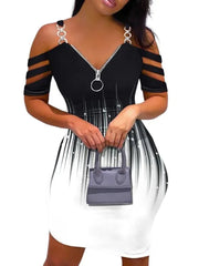 New Fashion 2023 Summer Casual Sexy Colorblock Cold Shoulder Bodycon Skinny Mini Dress Elegant Dresses for Women - SHOWLU FASHION STORE