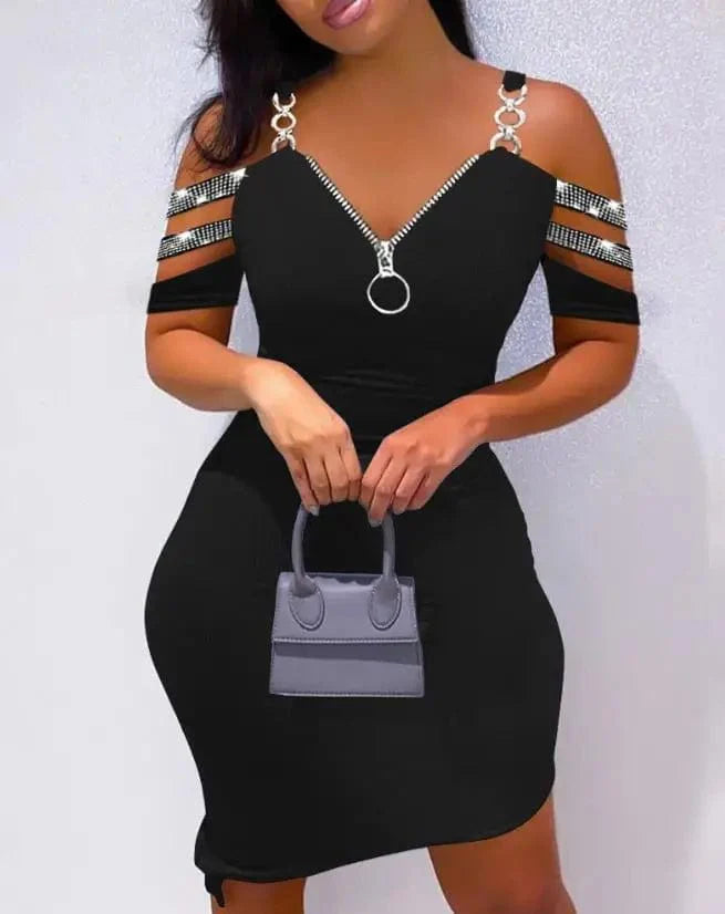 New Fashion 2023 Summer Casual Sexy Colorblock Cold Shoulder Bodycon Skinny Mini Dress Elegant Dresses for Women - SHOWLU FASHION STORE