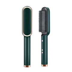 A dark green electric hair straightening brush with a ceramic heating comb and control buttons.