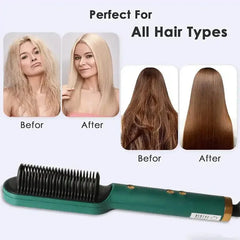 A green electric hair straightening brush shown with before and after photos of hair styles.