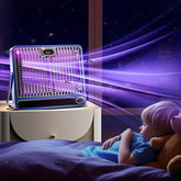 A portable, rechargeable mosquito killer lamp with a purple light display sits on a nightstand.