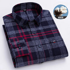 New in shirtplus size 7XL 100%cotton sanding long - sleeve shirts for men slim fit plain shirt striped plaid single pocket clothes - SHOWLU FASHION STORE