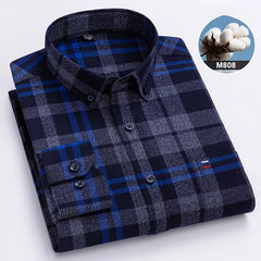 New in shirtplus size 7XL 100%cotton sanding long - sleeve shirts for men slim fit plain shirt striped plaid single pocket clothes - SHOWLU FASHION STORE