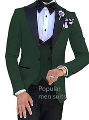 A dark green three-piece suit with a black peak lapel, vest, and bow tie.