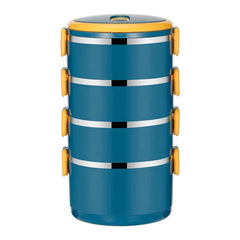 A four-tier, cylindrical stainless steel thermal lunch box in blue with yellow locking clips.