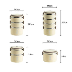 Four variations of a beige stainless steel thermal lunch box shown with their dimensions.