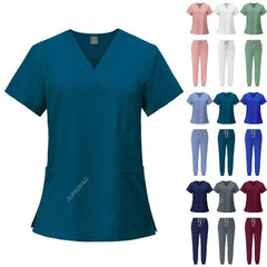 A woman's medical scrub set featuring a V-neck top and matching drawstring pants in various colors.
