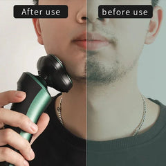 A man holds a green three-head rotary electric shaver, showing a before and after shaving comparison.
