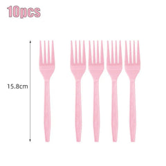 A set of ten light pink disposable plastic forks with a decorative pattern on the handles.