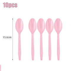 A set of ten light pink disposable plastic spoons measuring 15.6 centimeters in length.