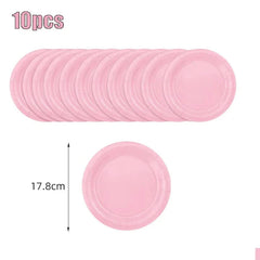 A set of ten light pink disposable paper plates measuring 17.8 centimeters in diameter.