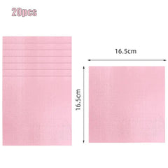 A stack of twenty light pink square paper napkins measuring 16.5 centimeters on each side.