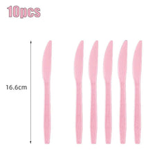 A set of ten light pink disposable plastic knives measuring 16.6 centimeters in length.