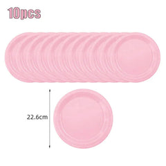A stack of ten light pink disposable paper plates measuring 22.6 centimeters in diameter.