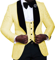 A yellow patterned three-piece suit with a black shawl lapel, vest, and bow tie.