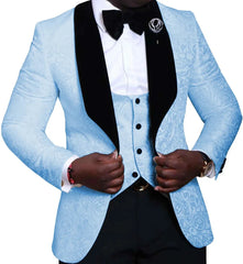 A light blue paisley patterned tuxedo jacket with a black shawl lapel, vest, and bow tie.