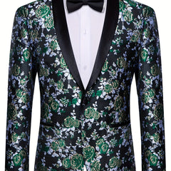 A black floral jacquard blazer featuring a shawl lapel, a single button, and a bow tie.
