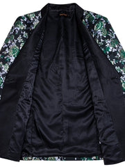 A black floral jacquard blazer with a shawl lapel and solid black lining.