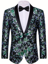 A black floral jacquard blazer featuring a shawl lapel and a single button closure.