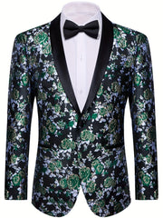 A black floral jacquard blazer featuring a shawl lapel and a single button closure.