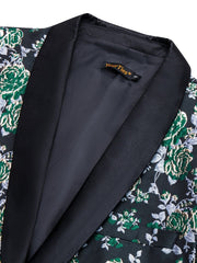 A black floral jacquard blazer featuring a solid black shawl lapel and a single button closure.