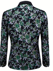 A black blazer with a green and silver floral jacquard pattern and a solid black shawl lapel.