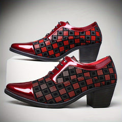 A pair of red and black checkered lace-up dress shoes with a block heel and glossy toe cap.