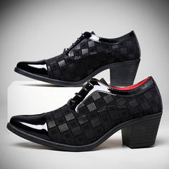 A pair of black lace-up business casual shoes with a checkered pattern and a block heel.