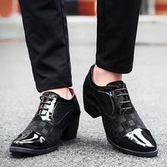 A pair of black lace-up business casual shoes with a textured pattern and a block heel.