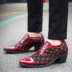 Men's low-top lace-up dress shoes featuring a red and black checkered pattern and a block heel.