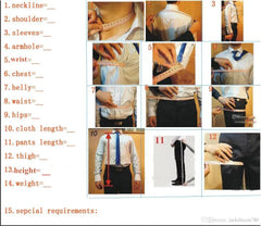 A measurement guide for men's suits showing twelve numbered steps for taking body measurements.