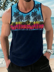 A man wears a navy blue sleeveless tank top featuring a 3D palm tree print at the chest.