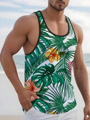 A man wears a white sleeveless tank top featuring a green palm leaf and hibiscus flower print.